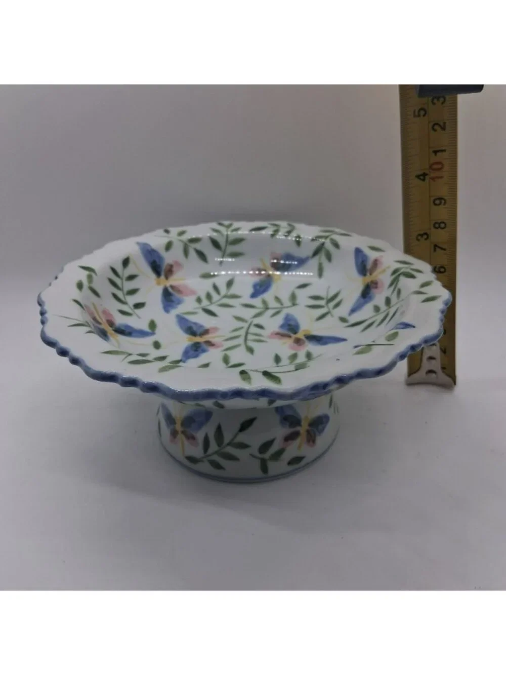 Andria By Sadek Pedestal Bowl Porcelain Butterfly Floral Pattern Scalloped Edge